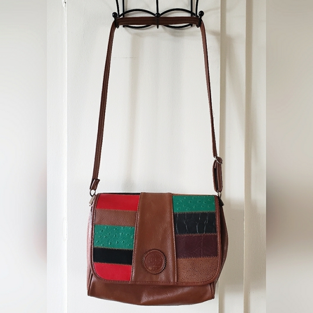 Leather Patchwork Crossbody Bag in Brown with Red & Green Accents